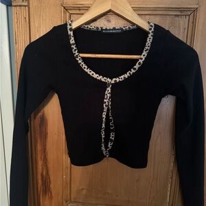 Brandy Melville Black Long Sleeve Crop cardigan with leopard trim